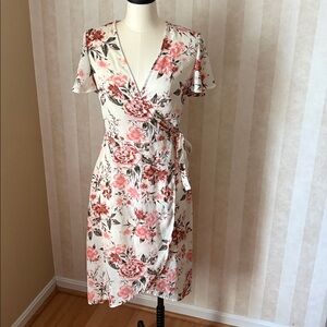Pink and Cream Floral Wrap Dress